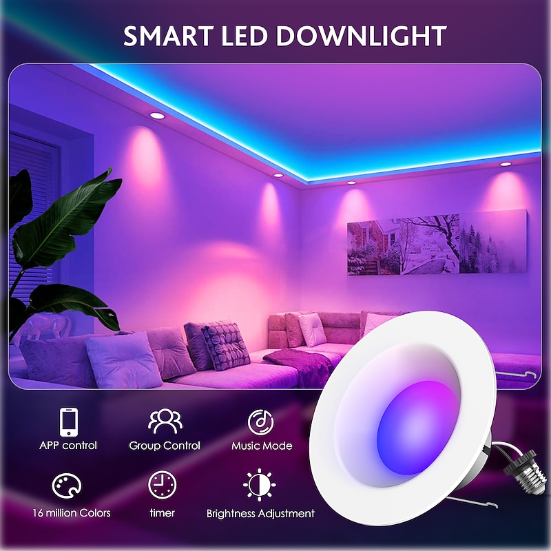 Smart LED Recessed Lighting RGBCW Color Changing WiFi Can Lights with Baffle Trim Retrofit Downlight Compatible with Alexa & Google Assistant App Control