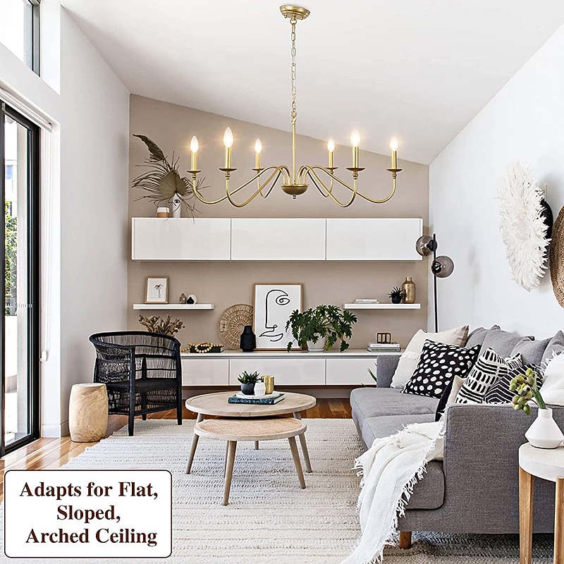 Gold Chandelier 6-Light Modern Brass Farmhouse Chandelier Wrought Iron Classic Candle Ceiling Pendant Light Fixture for Dining Room Living Room Kitchen Island Entry Stairwell, Dia 35" 110-240V3