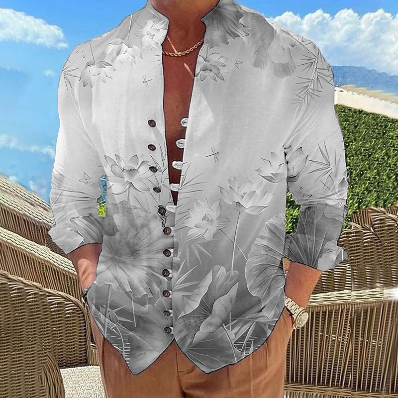 Men's Floral Graphic Prints Shirt Long Sleeve Shirt Stand Collar Outdoor Vacation Yellow Blue Green Gray Print Clothing Apparel Fashion Designer Casual Comfortable4