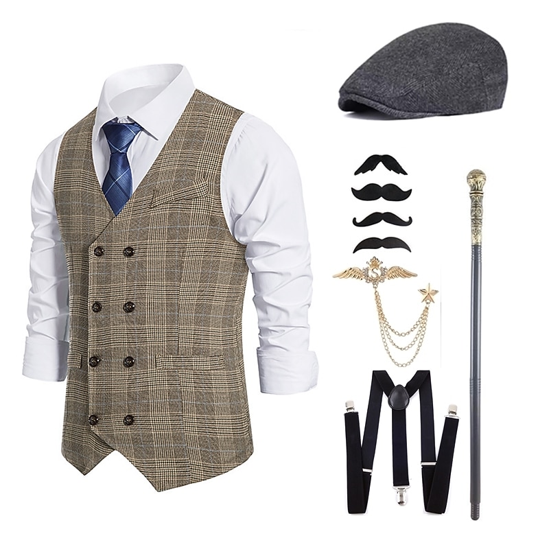 Retro Vintage 1920s Outfits Party Costume Vest Cosplay The Great Gatsby Gentleman Collarless Fancy Dress Men's Carnival Masquerade Party Evening Wear Masquerade Casual Daily Adults' Vest Shirt Hat3