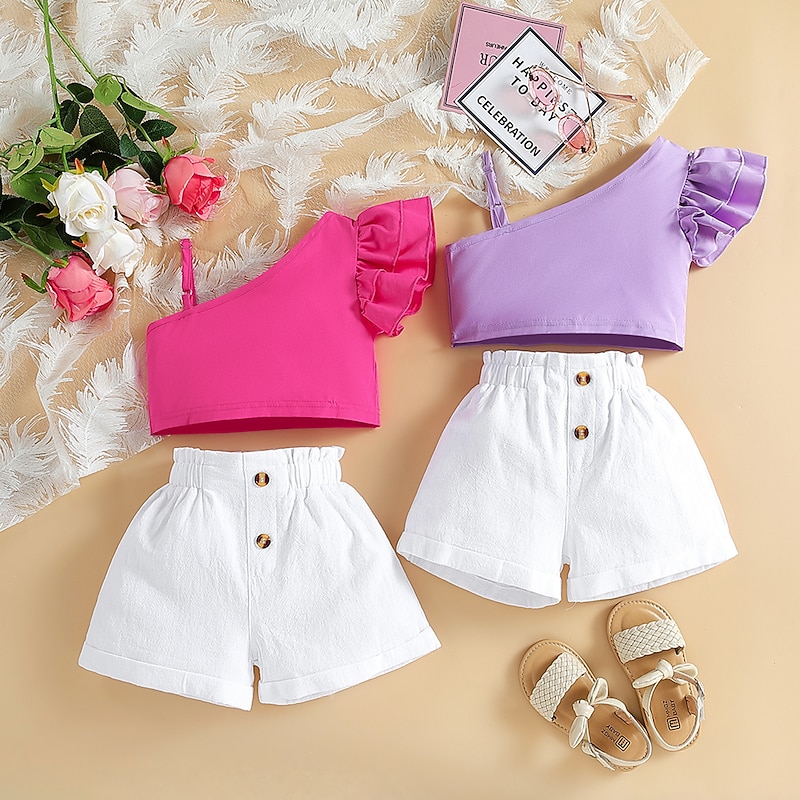 2 Pieces Kids Girls' Children's Day Solid Color Halter Tank Top & Shorts Set Set Sleeveless Fashion Outdoor Cotton 3-7 Years Summer Red Purple