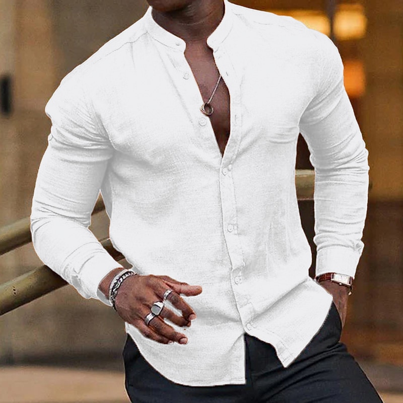 Men's Shirt Summer Shirt Beach Wear Band Collar Shirt Button Up Shirt Plain Vacation Hawaiian Black White Light Green Pink Long Sleeve Crew Neck Spring & Summer Clothing Apparel Basic2