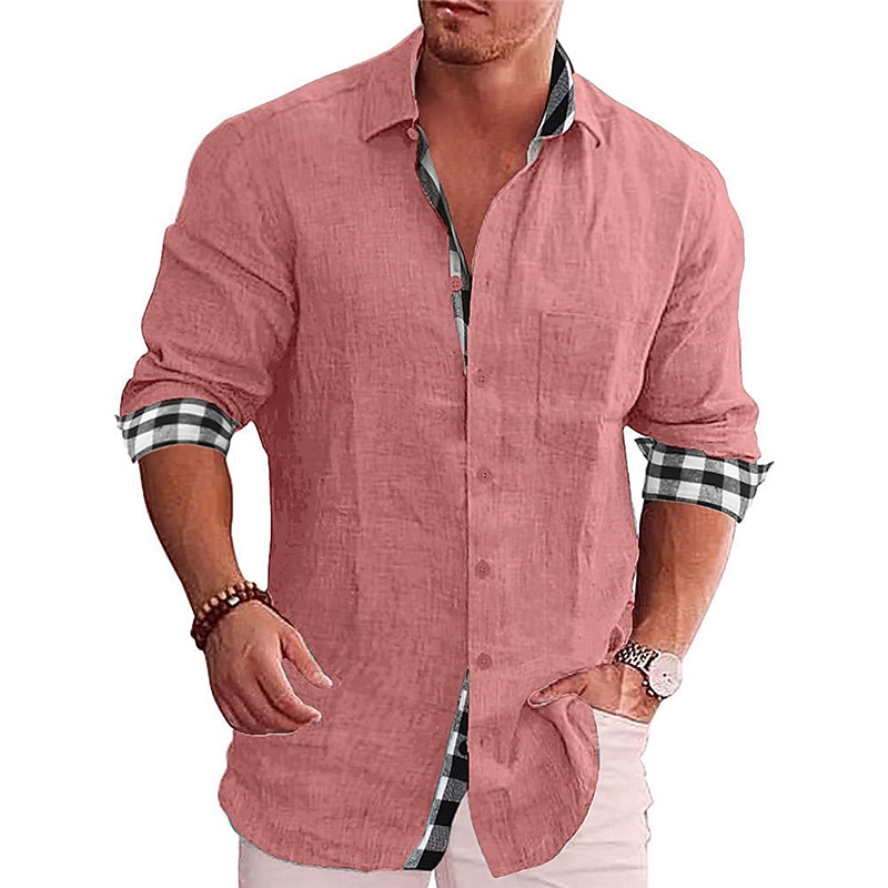 Men's Shirt Linen Shirt Button Up Shirt Summer Shirt Beach Shirt Black White Pink Long Sleeve Color Block Lapel Spring &  Fall Casual Daily Clothing Apparel3