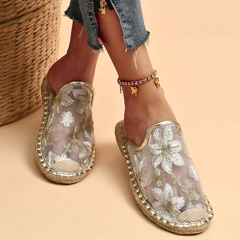 Women's Floral Mesh Slip-On Espadrilles with Embroidered Lace and Braided Sole, Breathable Summer Mules for Beach, Travel, and Casual Outfits