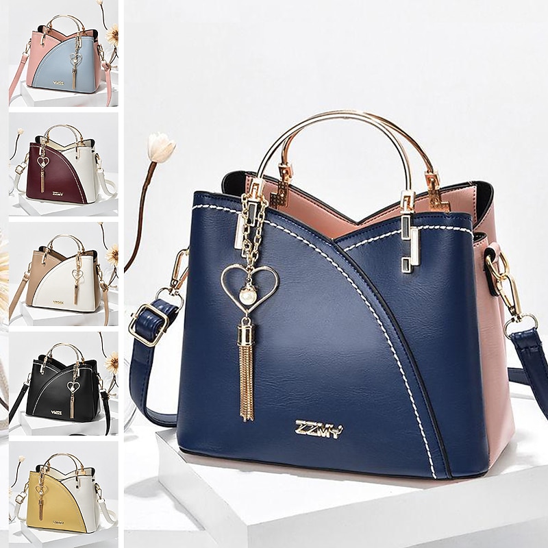 Women's Navy Blue and Pink Handbag with Heart Tassel Charm – Elegant Faux Leather Crossbody and Tote Bag for Everyday Use - Main Image
