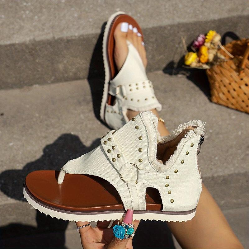 Women's Sandals Flat Sandals Plus Size Sandals Boots Summer Boots Outdoor Daily Beach Solid Color Summer Rivet Flat Heel Vacation Casual Minimalism Canvas Loafer Black Beige2