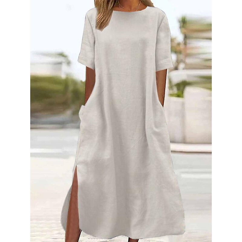 Women's ArmyGreen Black Wine Summer Spring Maxi long Dress Linen-Inspired Dresses Casual Dress Daily Basic Casual Home Daily Beach Loose Fit Plain Crew Neck4