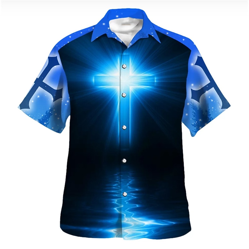 Men's Lion Letter Jesus Shirt Button Up Shirt Short Sleeve Fashion Streetwear Designer Daily Going out Weekend Summer Spring Turndown Print Royal Blue Blue Dark Blue Light Blue2