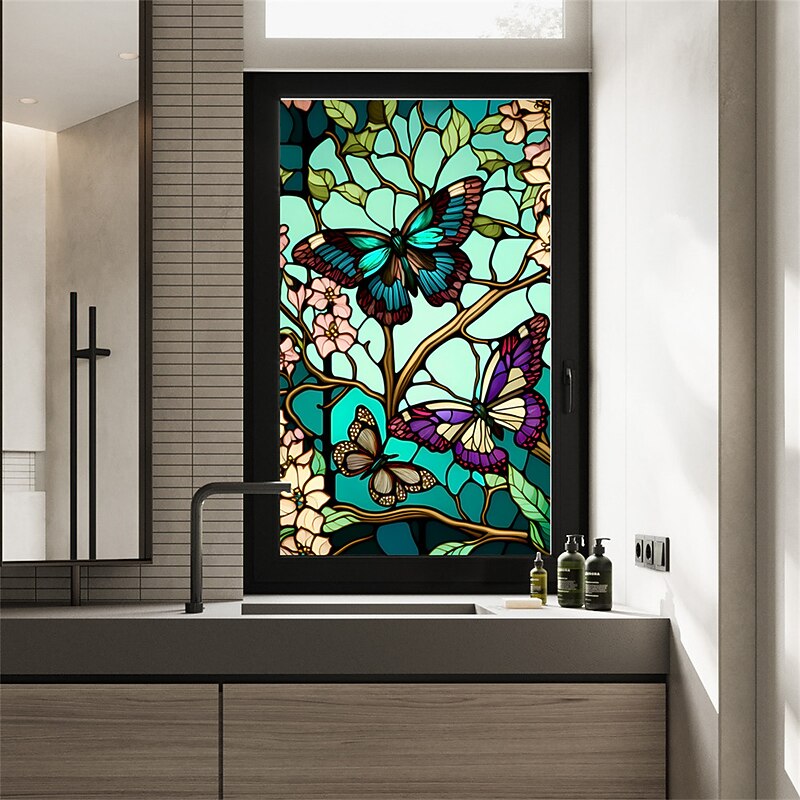 Stained Glass Window Film Colorful Retro Green Butterfly  Window Glass Electrostatic Stickers Removable Window Privacy Stained Decorative Film for Home Office4