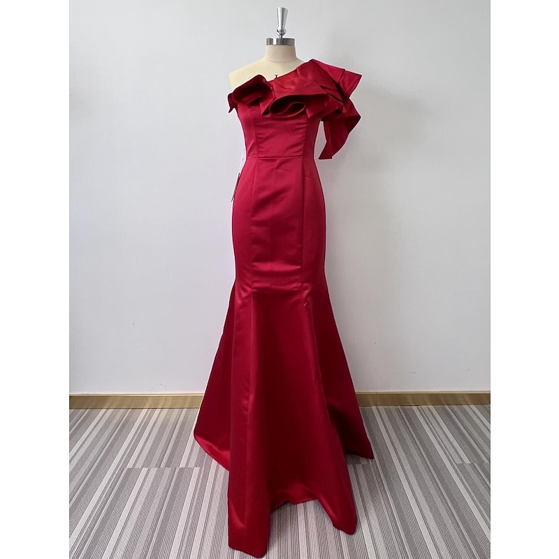 Mermaid Evening Gown Corsets Dress Formal Wedding Guest Floor Length Sleeveless One Shoulder Taffeta with Ruffles Shouder Flower Masquerade Dress3