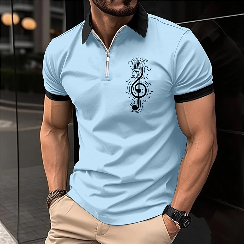 Music Festival Men's Music Zip Polo Shirts Golf Shirt Short Sleeve Polo Shirts Collared Shirts Casual Vacation Wear Festival Wear Party Outfits 3D Print Quarter Zip Polo White Pink Blue3