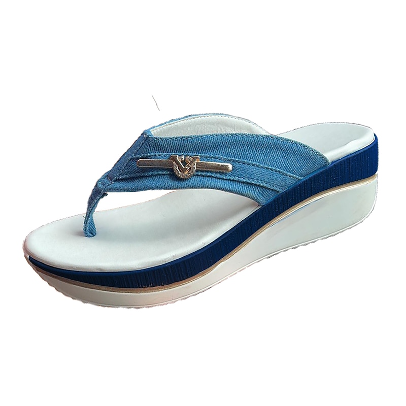 Women's Denim Wedge Flip-Flop Sandals – Stylish Casual Beachwear with Comfort Sole and Metal Accent2
