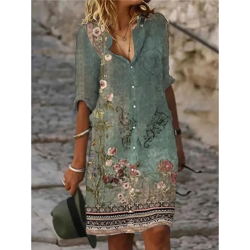 Women's Shirt Dress Casual Dress Shift Dress Midi Dress Outdoor Daily Vacation Fashion Modern Shirt Collar Button Print Half Sleeve Summer Spring Regular Fit Flower4