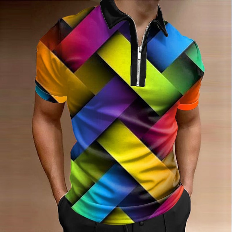 Men's Rainbow Zip Polo Shirts Golf Shirt Short Sleeve Polo Shirts Collared Shirts Casual Vacation Wear Rave Wear Party Outfits 3D Print Quarter Zip Polo A B C4