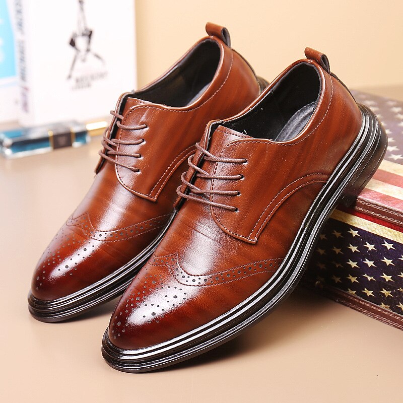 Men's Brown Faux Leather Brogue Dress Shoes – Classic Wingtip Oxford Design for Business, Formal Occasions, and Office Wear4