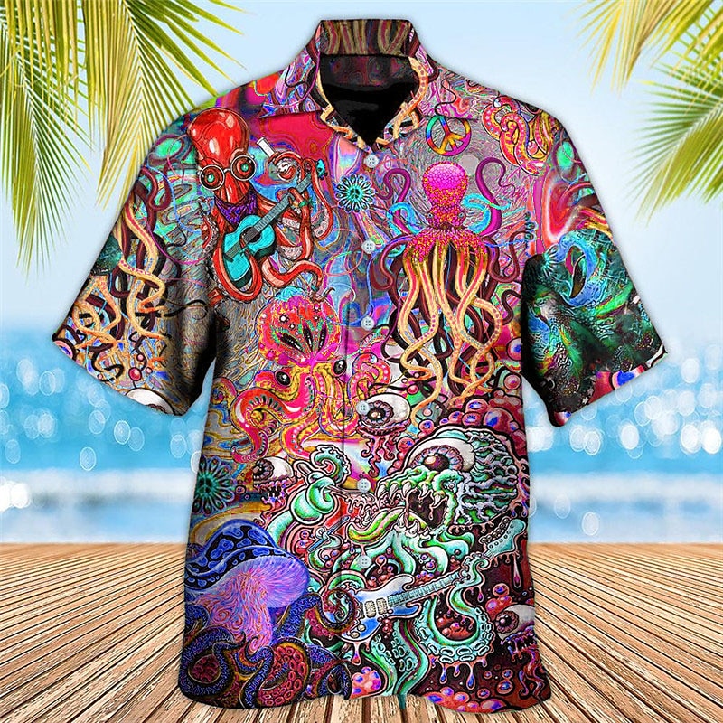 Men's Tropical Guitar Octopus Shirt Summer Hawaiian Shirt Aloha Shirt Short Sleeve Shirt Turndown Tropical Fashion Hawaiian Casual Hawaiian Holiday Yellow Red Purple S M L4