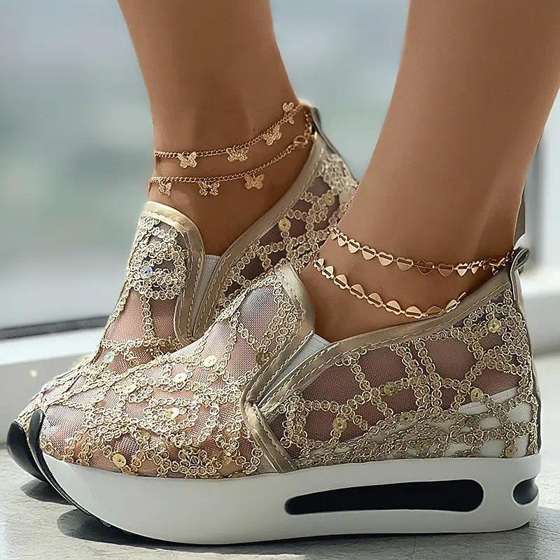 Women's Gold Sequin Mesh Slip-On Sneakers with Platform Sole - Stylish Casual Shoes for Parties and Special Occasions2