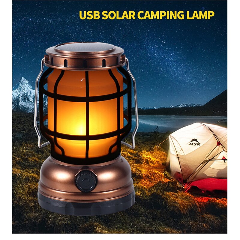 Retro Solar Camping Lights Portable Lantern Dimming Rechargeable LED Hanging Lights Power Bank Travel Tents Camp Supplies