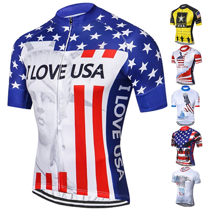 Men's Cycling Jersey I LOVE USA Pattern Short Sleeve Bike Jersey Top with 3 Rear Pockets Quick Dry Lightweight Soft Wicking Grey Sports Clothing Apparel