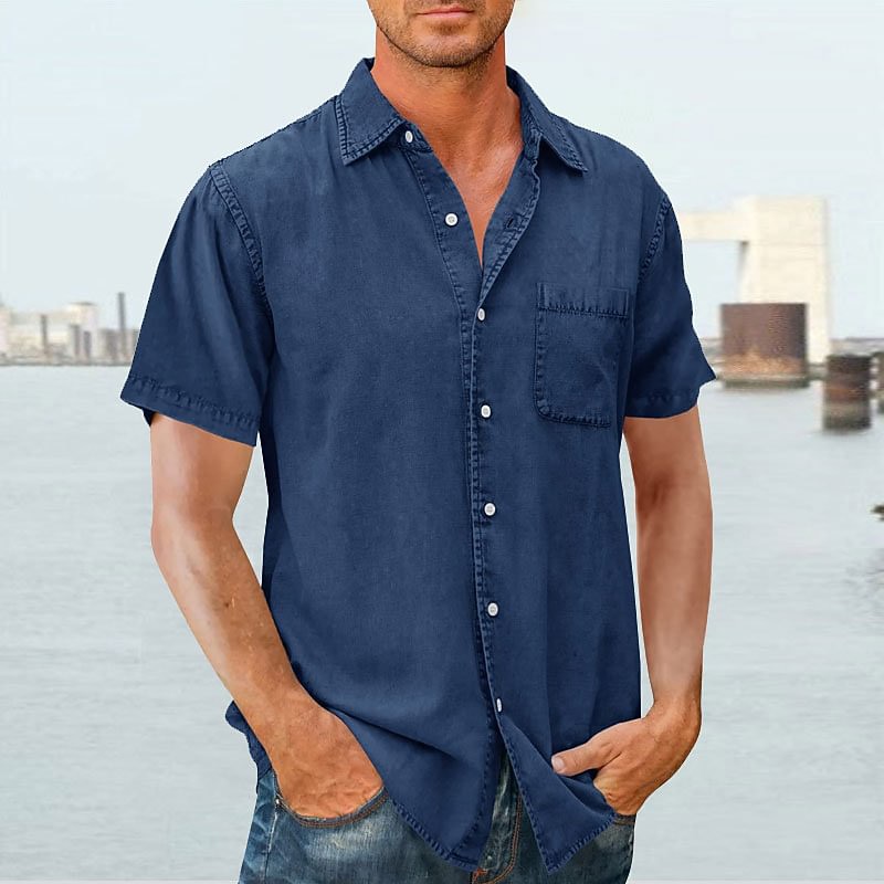 Men's Shirt Summer Shirt Casual Shirt Button Up Shirt Black khaki Army Green Dark Blue Short Sleeve Plain Lapel Vacation Daily Front Pocket Clothing Apparel Polyester Fashion Casual Comfortable2