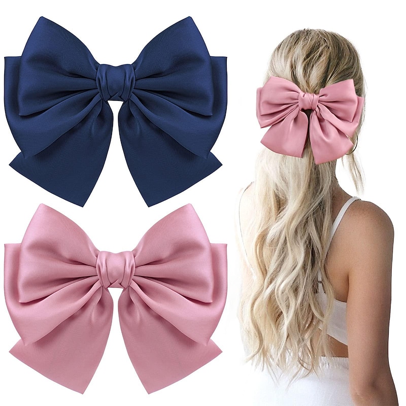 Big Satin Layered Hair Bows for Women Girls 7 Inch Pink Blue Barrette Hair Clip Large Ribbon Bows Style Hair Accessories