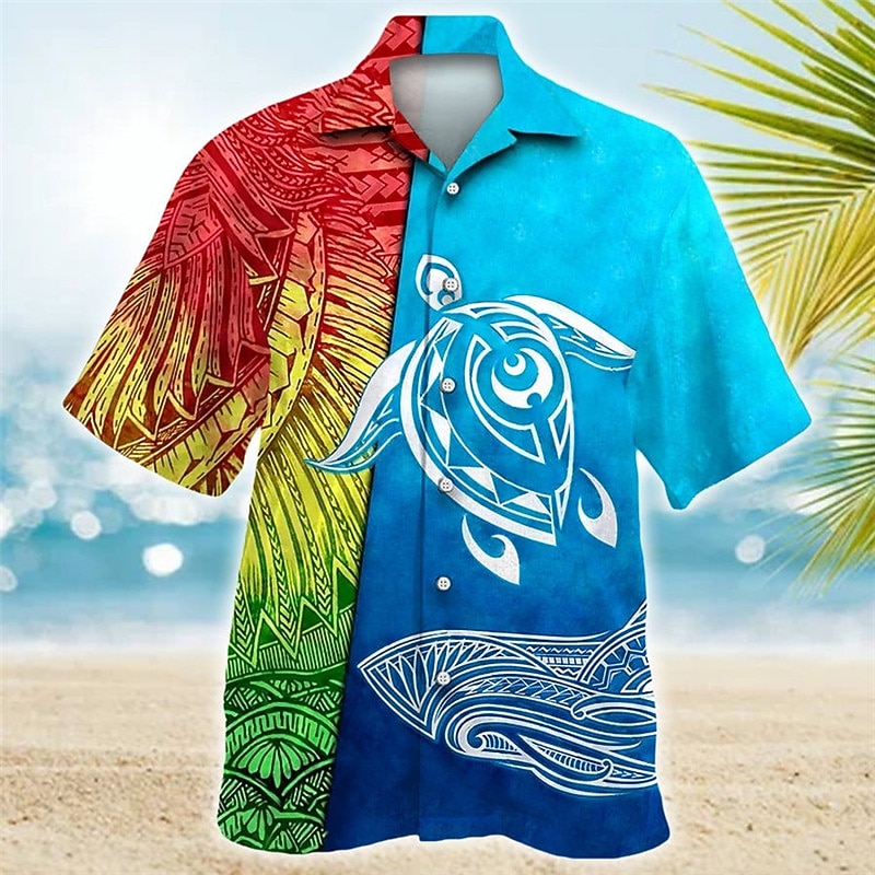 Men's Tropical Flowers Totem Turtles Shirt Summer Hawaiian Shirt Aloha Shirt Short Sleeve Shirt Cuban Collar Sports Fashion Streetwear Outdoor Casual Hawaiian Navy Blue Blue Purple S M L3