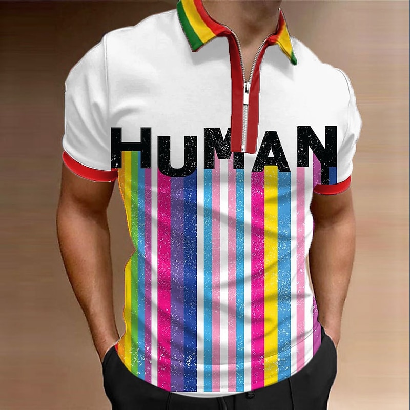 Men's Rainbow Zip Polo Shirts Golf Shirt Short Sleeve Polo Shirts Collared Shirts Casual Vacation Wear Rave Wear Party Outfits 3D Print Quarter Zip Polo A B C2