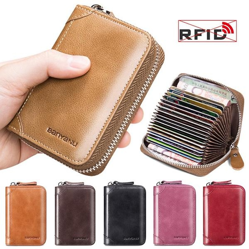 Large Capacity 20 Card Slots High Quality VIP ID Bank Credit Card Holder Zipper Wallet Women and Men Card Case Slim Genuine Leather Cowhide RFID Anti-theft Brush Organ Cards Bag Purse