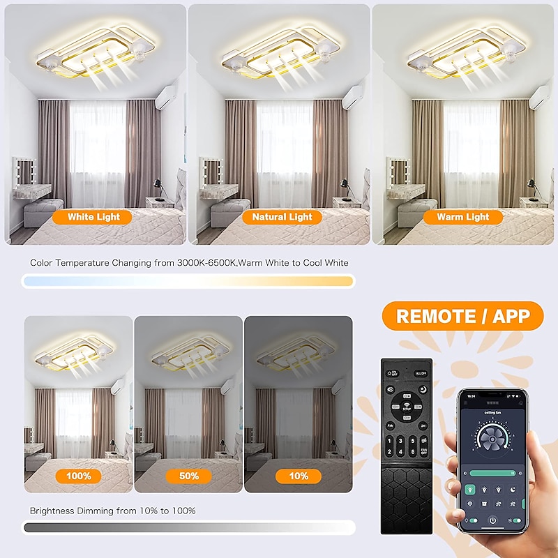 Ceiling Fan with Light 3 Spotlight App & Remote Control 101cm Dimmable 6 Wind Speeds Modern Ceiling Fan for Bedroom, Living Room 110-240V2