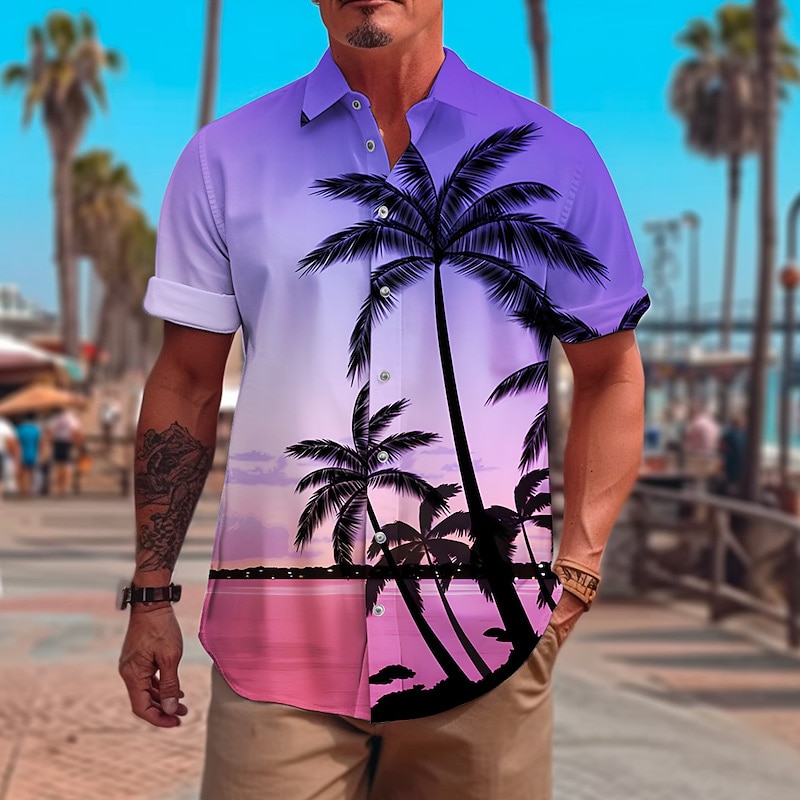 Men's Coconut Tree Tropical Plants Summer Hawaiian Shirt Aloha Shirt Short Sleeve Shirt Turndown Tropical Fashion Hawaiian Outdoor Vacation Street Dark purple Pink Light Purple S M L4