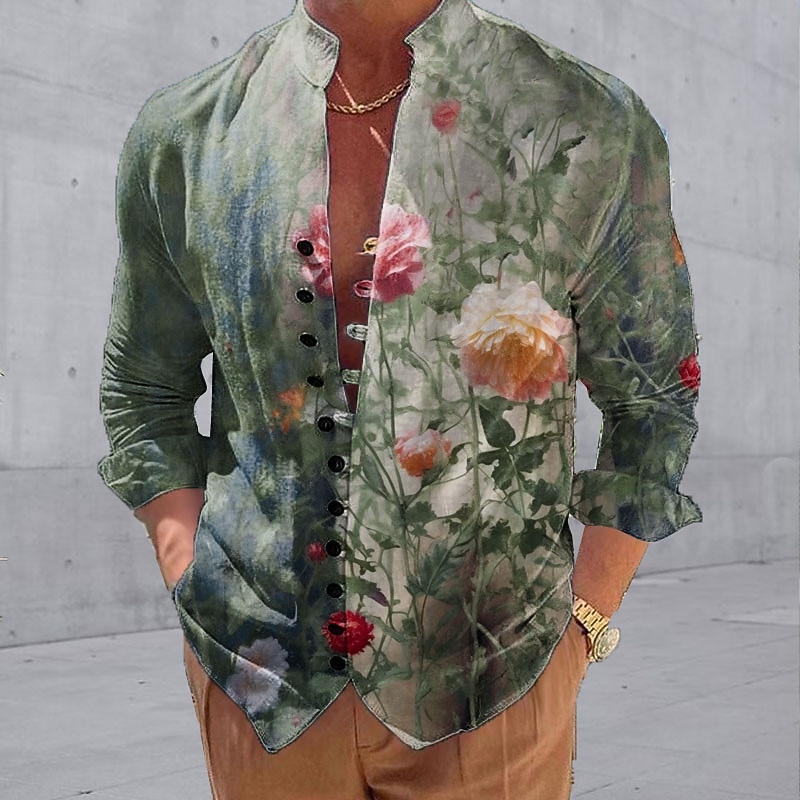 Men's Floral Shirt Button Up Shirt Long Sleeve Fashion Streetwear Designer Outdoor Casual Daily Summer Spring Fall Stand Collar Print Light Green Blue Green Gray3