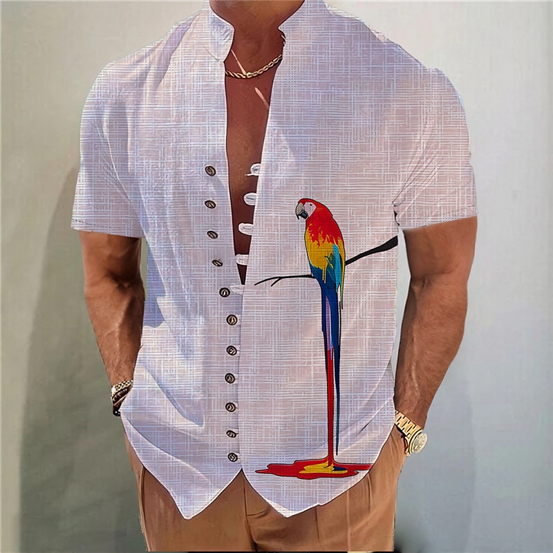 Men's Parrot Shirt Button Up Shirt Short Sleeve Fashion Streetwear Designer Outdoor Casual Daily Spring & Summer Stand Collar Print White Pink Blue Gray3