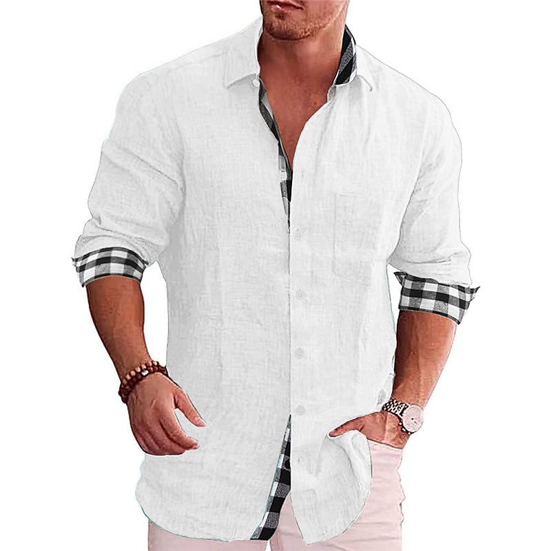 Men's Shirt Linen Shirt Button Up Shirt Summer Shirt Beach Shirt Black White Pink Long Sleeve Color Block Lapel Spring &  Fall Casual Daily Clothing Apparel