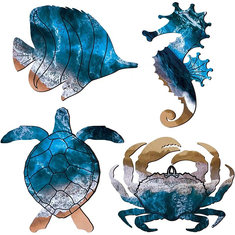 Set of 4 Seahorse Wall Decor Sea Turtle Fish Crab Starfish Sea Urchin Shell Conch Wall Art Decorations Outdoor Beach Theme Decor Ocean Fence Art Wood Outdoor Wall Art for Living Room Bathroom3