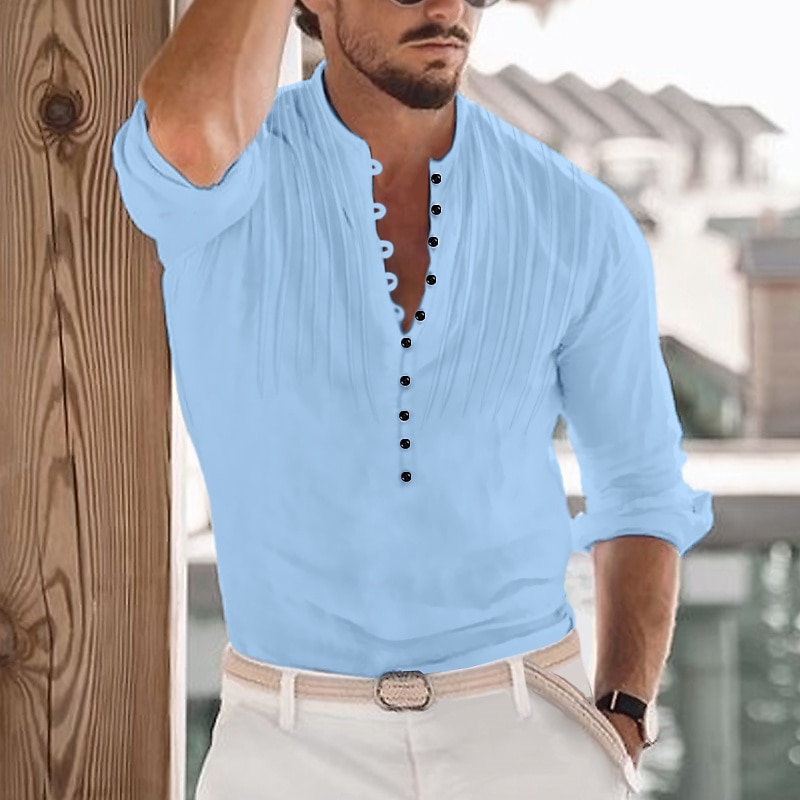 Men's Shirt Summer Shirt Beach Wear Casual Shirt Band Collar Shirt Button Up Shirt Black White Blue Green khaki Long Sleeve Plain Crew Neck Vacation Street Button-Down Clothing Apparel Polyester3
