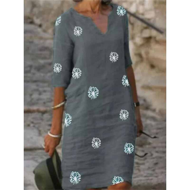 Women's Midi Dress Yellow Red Green Summer Spring Shift Dress Casual Daily Loose Fit Flower Notched Neck