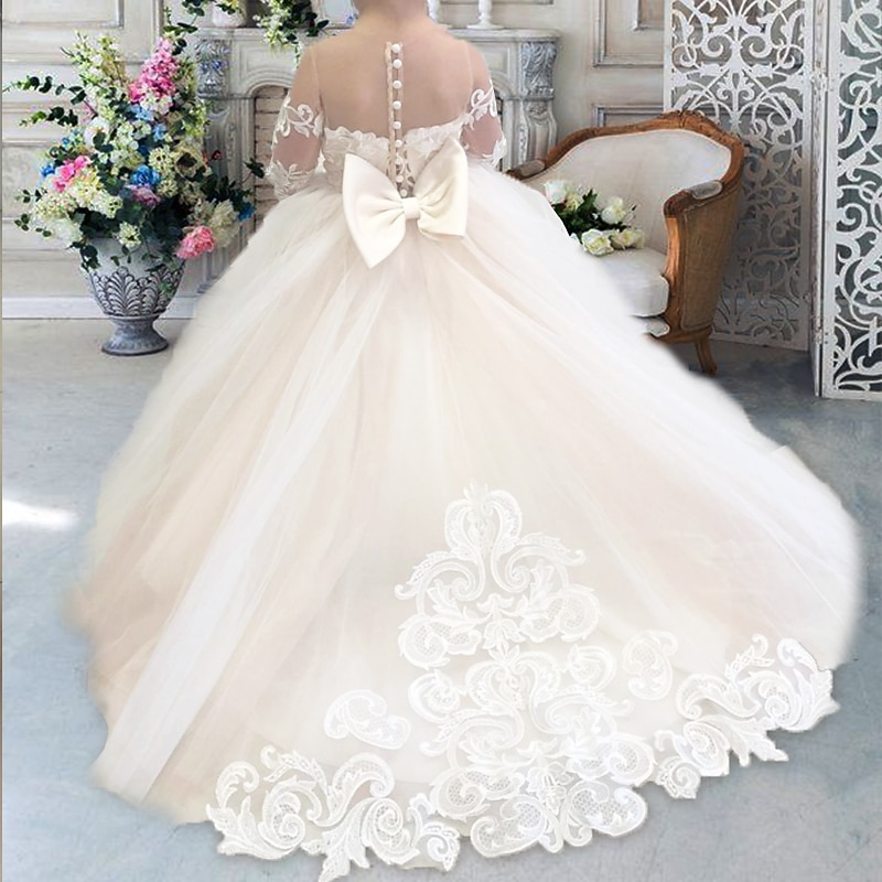 Kids Girls' Flower Girl Dress Party Dress Solid Color Long Sleeve Performance Wedding Party Mesh Princess Sweet Mesh Mid-Calf Sheath Dress Tulle Dress Summer Spring Fall 2-12 Years 4-12 Years White