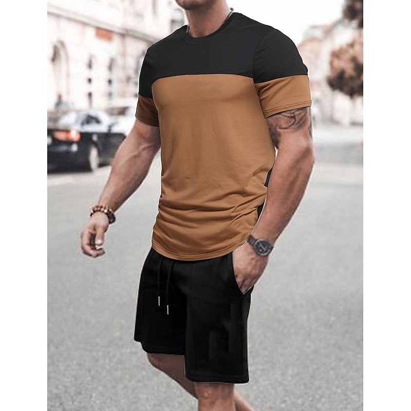 Men's 2 Pieces Outfits T-Shirt and Drawstring Shorts Set Short Sleeve Crewneck Summer Color Block Fashion Sport Casual 2 Piece Vacation Casual Daily Wear Red Blue khaki Top Tee for Men