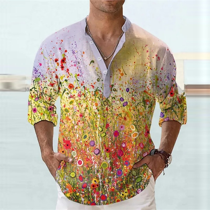 Men's Floral Shirt Button Up Shirt Long Sleeve Fashion Streetwear Designer Daily Going out Summer Spring Fall Stand Collar Print Yellow Blue Purple Green4