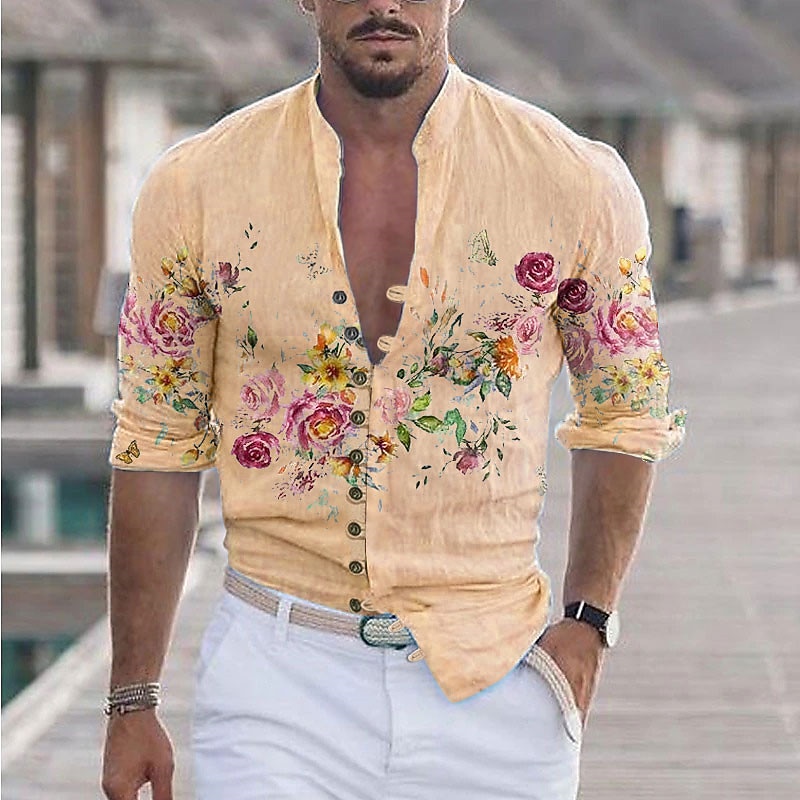 Men's Floral Graphic Prints Shirt Long Sleeve Shirt Stand Collar Outdoor Street Black White Yellow Light Green Pink Print Clothing Apparel Fashion Streetwear Designer Casual3