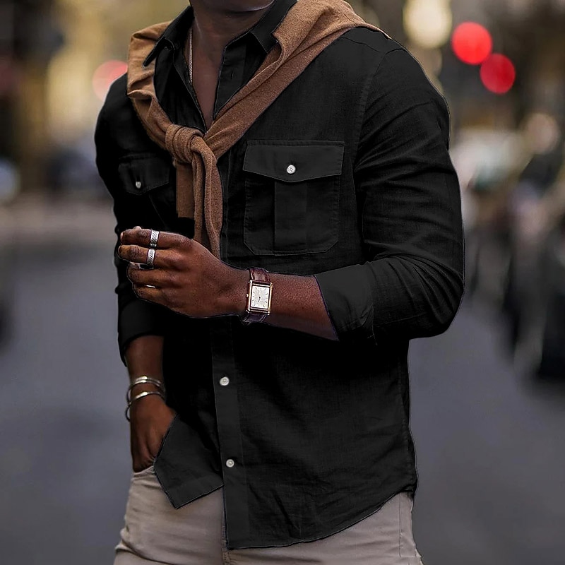 Men's Shirt Cotton Linen Shirt White Cotton Shirt Summer Shirt Beach Shirt Plain Hawaiian Holiday Black White Blue Khaki Long Sleeve Lapel Spring & Summer Clothing Apparel Pocket4