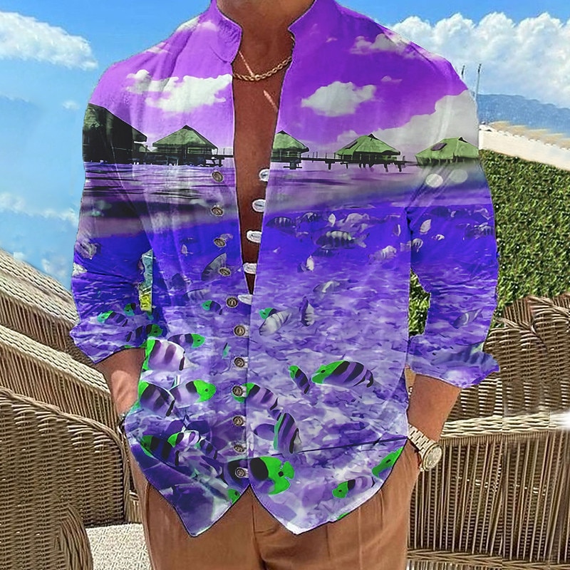 Men's Graphic Prints Fish Beach Shirt Long Sleeve Shirt Stand Collar Outdoor Vacation Red Blue Purple Green Print Clothing Apparel Fashion Designer Casual Comfortable4