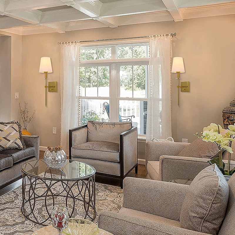 Plug in Wall Sconce Dimmable Wall Sconces 1pcs, White Fabric Shade Wall Lamp with 6Ft Plug in Cord, Indoor Wall Lights Wall Mounted Light Fixture, for Bedroom Living Room Hallway, Gold3