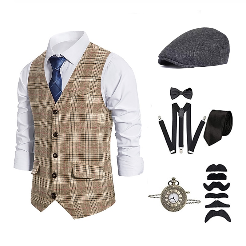 Retro Vintage 1920s Vintage Inspired Outfits Party Costume Masquerade Cosplay Plaid Checkered Collarless Fancy Dress Men's Halloween Carnival Masquerade Halloween Casual Daily Party / Cocktail Adults'2