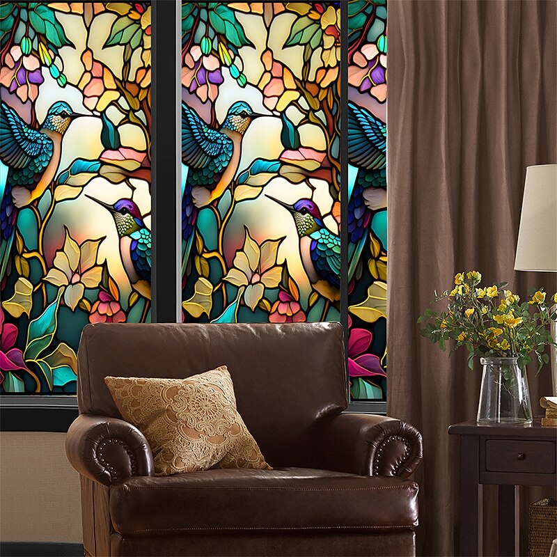 Stained Glass Window Film Colorful Retro Flower Birds Window Glass Electrostatic Stickers Removable Window Privacy Stained Decorative Film for Home Office4