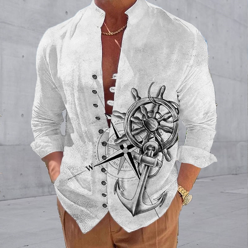 Men's Nautical Anchor Vintage Shirt Button Up Shirt Long Sleeve Vintage Fashion Streetwear Outdoor Casual Daily Summer Spring Fall Stand Collar Print White Yellow Blue Green Khaki3