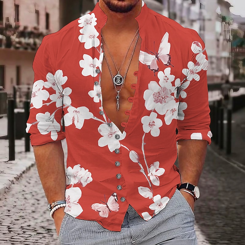 Men's Floral Butterfly Tropical Flowers Shirt Summer Hawaiian Shirt Aloha Shirt Long Sleeve Shirt Stand Collar Fashion Streetwear Designer Outdoor Street Casual Light Yellow Yellow Red S M L