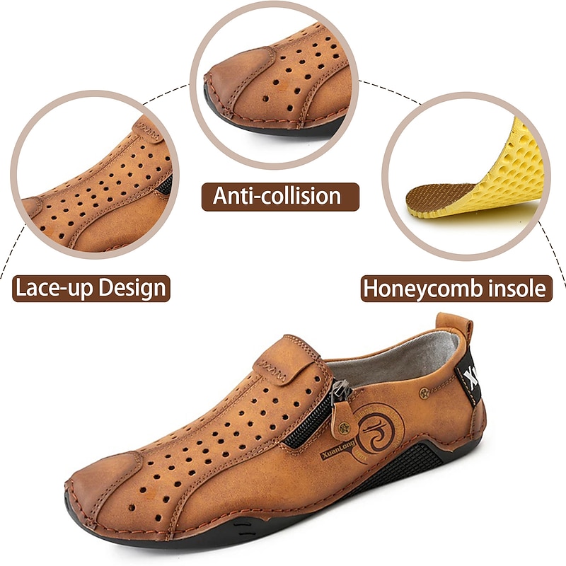 Men's Breathable Faux Leather Slip-On Casual Shoes – Vintage Style Loafers with Zipper & Perforated Design for Driving, Walking & Daily Wear2