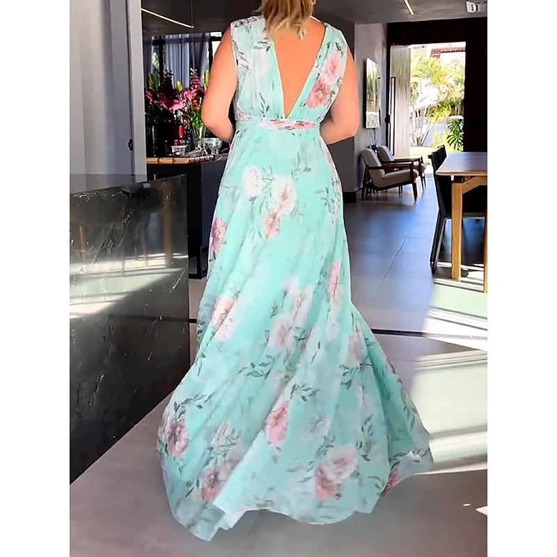 Women's Valentine's Day Long Dress Maxi Dress Party Dress Wedding Guest Dress Chiffon Dress Floral Print Modern Elegant Dress Outdoor Holiday Date Backless Zipper Sleeveless V Neck Dress Regular Fit3