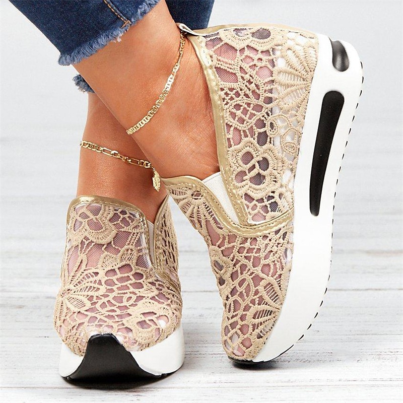 Women's Beige Lace Mesh Slip-On Platform Sneakers with Air Cushion Sole - Stylish and Comfortable Casual Shoes for Daily Wear3
